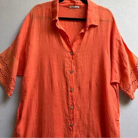 Vibrant Orange 100% Linen Made in Italy Button-Down Tunic Dress Sz XXL 26” PTP - Picture 5 of 13
